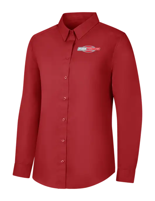 Womens Rich Red  Long Sleeve Carefree Poplin Shirt w/FYDA Logo