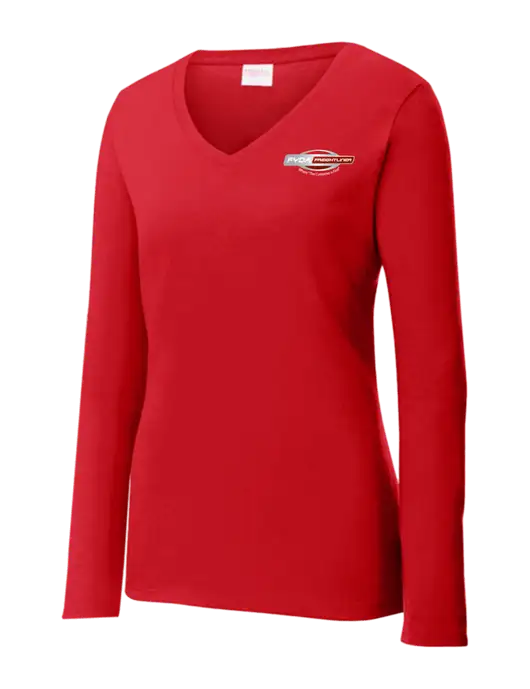Womens  V-Neck Ring Spun Bright Red 4.5 oz Long Sleeve T-Shirt w/FYDA Logo
