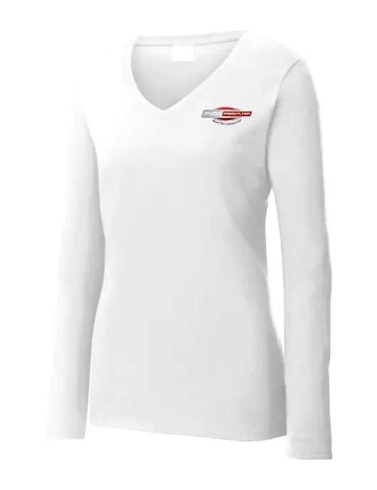 Womens  V-Neck Ring Spun White 4.5 oz Long Sleeve T-Shirt w/FYDA Logo