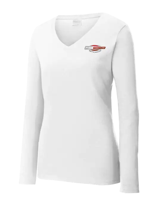 Womens  V-Neck Ring Spun White 4.5 oz Long Sleeve T-Shirt w/FYDA Logo
