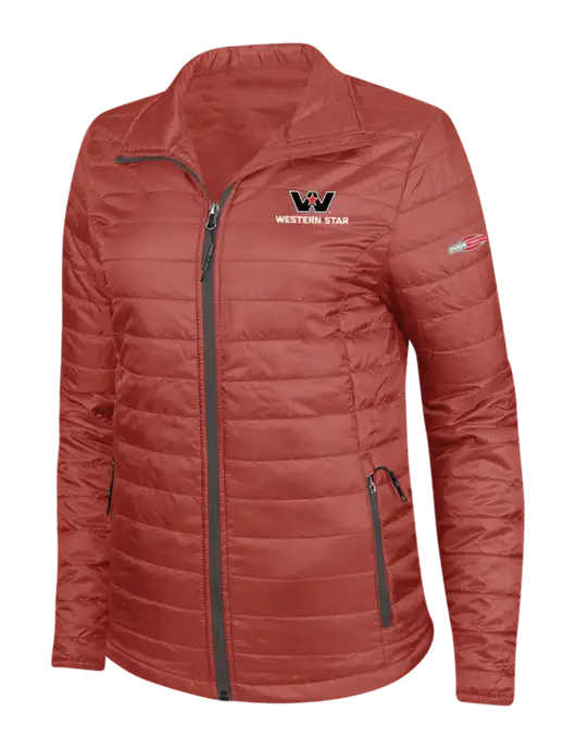 Dark Red Womens Puffy Packable Jacket w/Western Star Logo, FYDA Logo