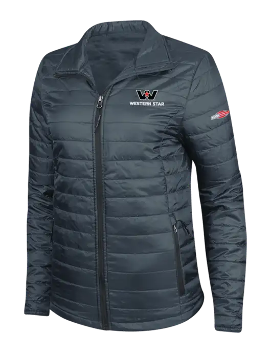 Navy Womens Puffy Packable Jacket w/Western Star Logo, FYDA Logo