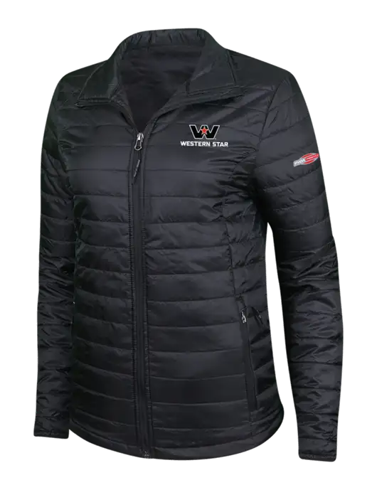 Womens Black Puffy Packable Jacket w/Western Star Logo, FYDA Logo