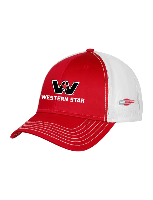 Red/White Mesh Trucker Cap Snap Back w/Western Star Logo, FYDA Logo