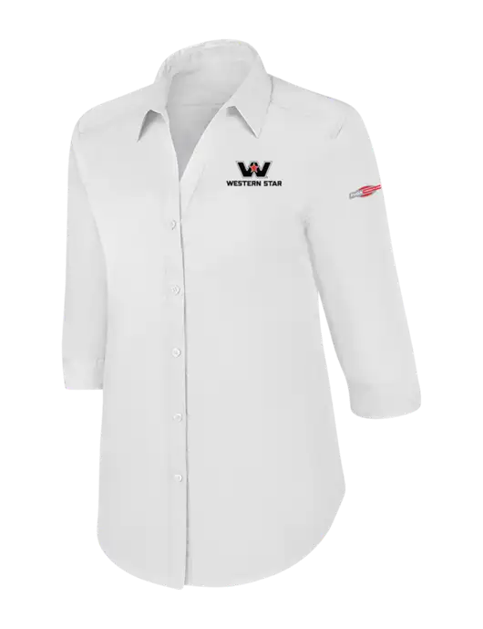 Womens White 3/4 Sleeve Carefree Poplin Shirt w/Western Star Logo, FYDA Logo